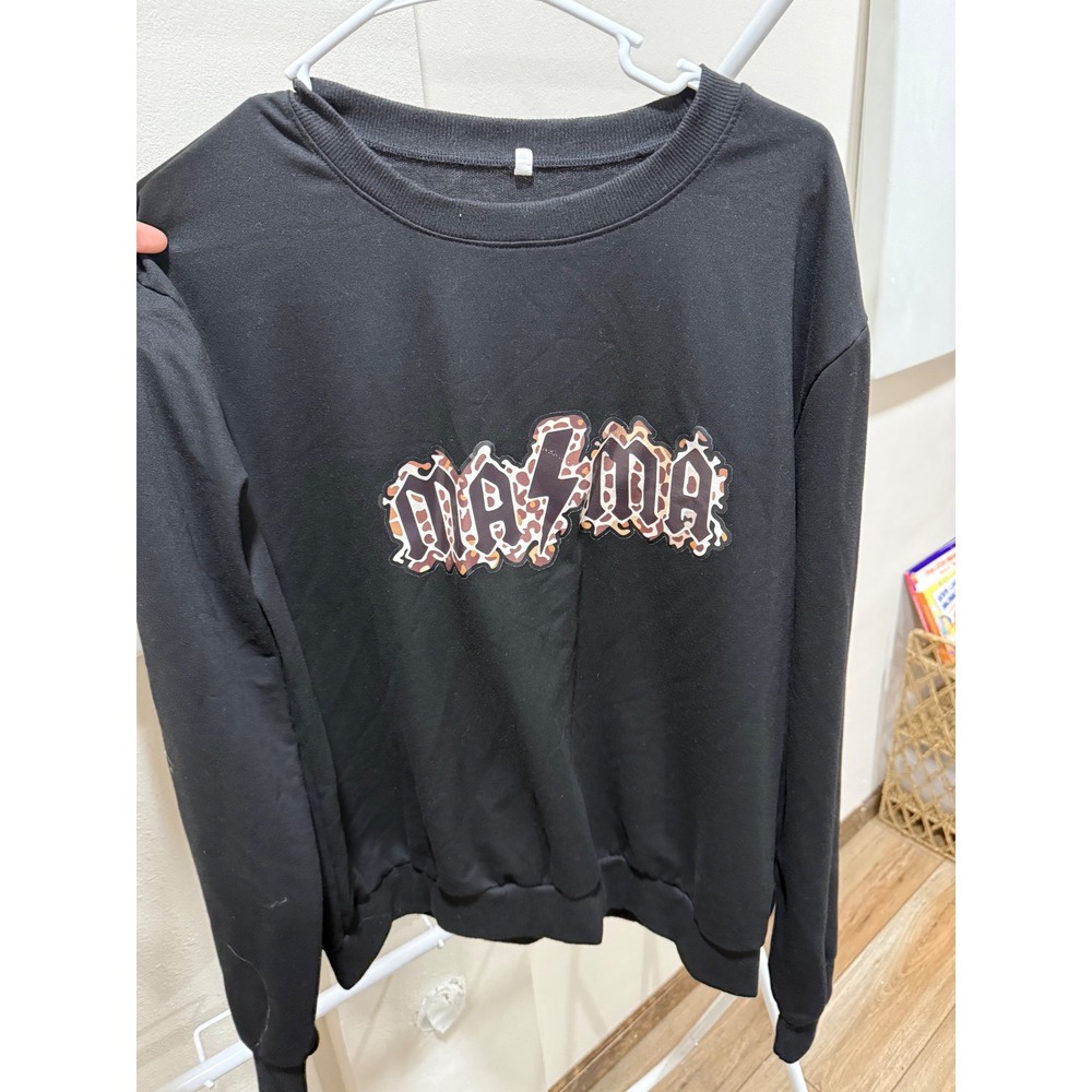 Mama Leopard‎ Print Lightning rocker western Black XL Crew Neck Pullover